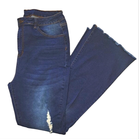 Distressed Stretch Dark Wash Flare Jeans Long Length Plus Size XXL - Picture 1 of 7